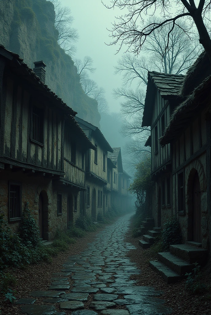 A grim image of a street in an old Ukrainian village of the seventeenth century in the Gothic style with one-story mud-brick houses with thatched roofs, A lot of nature, houses on one side of the street, on the edge of the ravine