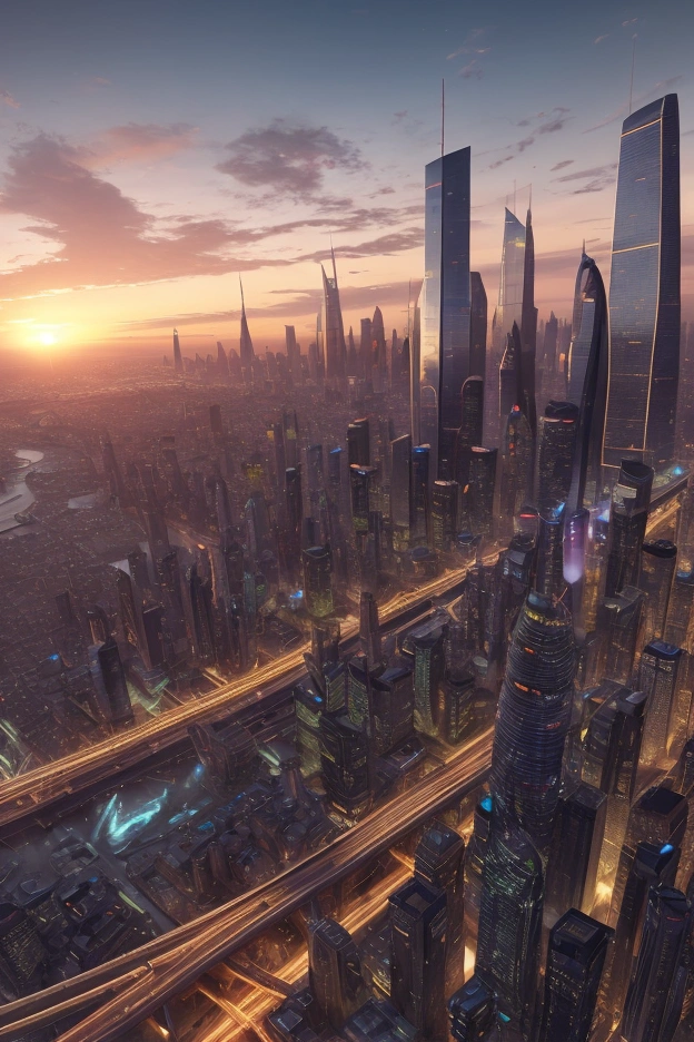 as the morning sun rises, setting horizon awash in a blaze of colors, pushing the darkness further and further, you can see the immense towers and vast stretch of cityscape in this futuristic vision of a ecumenopolis. with  traffic on the lower levels, and hovering vehicles in the air, the city is coming alive with the rising sun