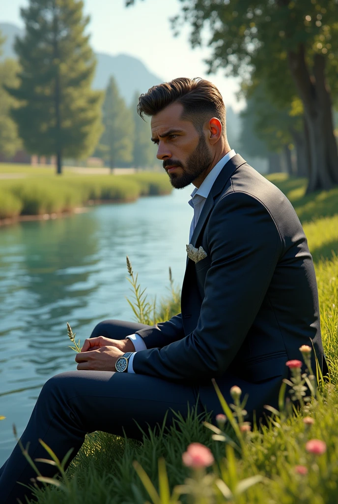 Handsome man sitting beside river
