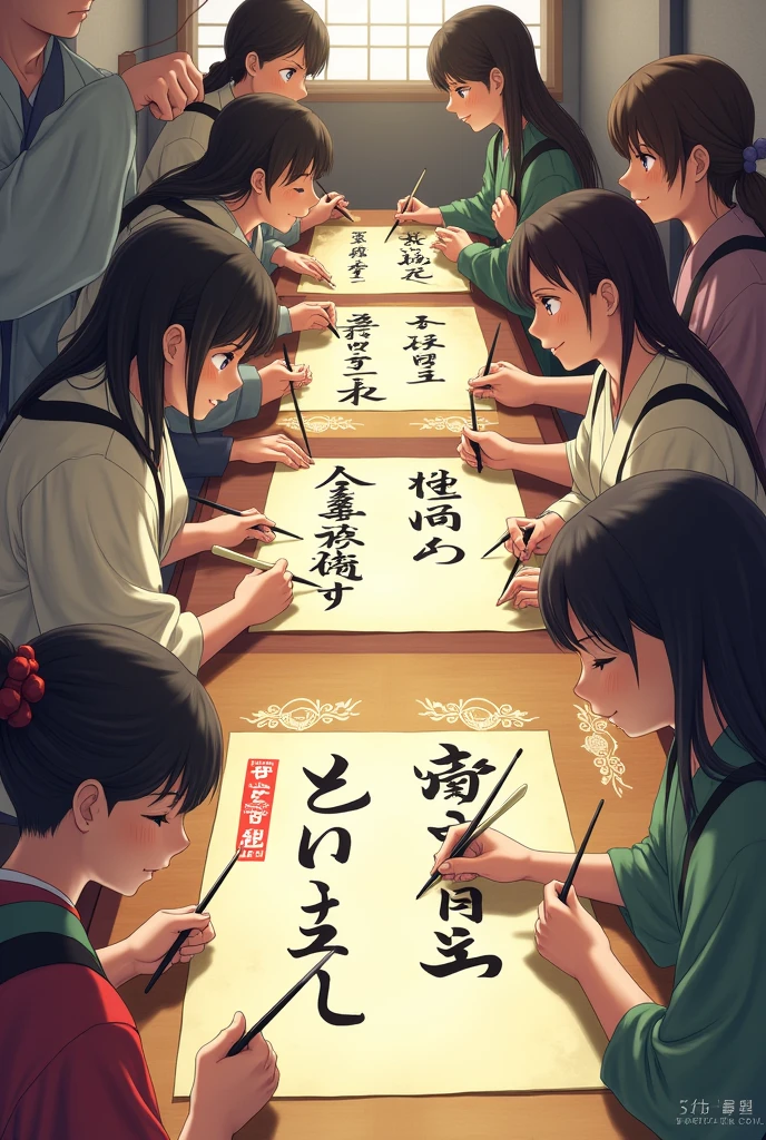Many Japanese characters writing jiragana a sheet of paper in complex kanji