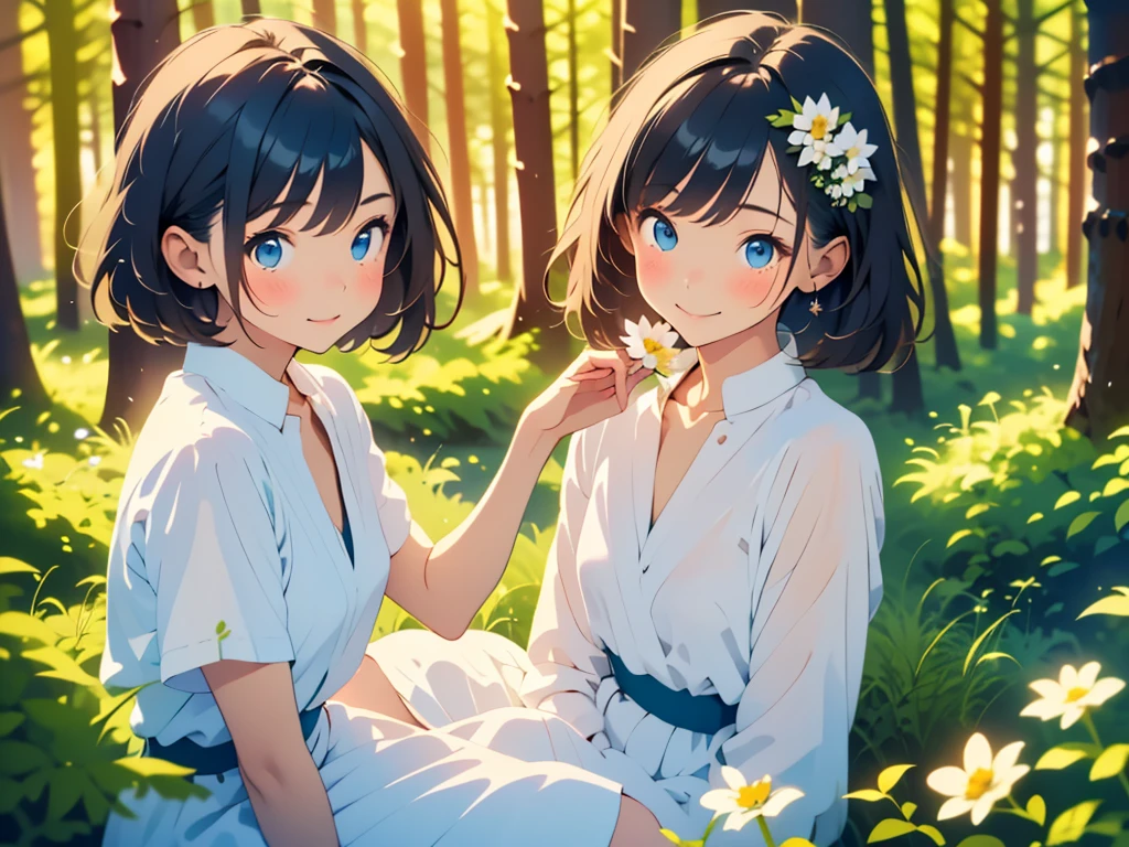 masterpiece,best quality,ï¼ 1girl, beautiful 1girl, solo, gentle smile on her face flat chest, short hair, black hair, beautiful blue eyes, sitting on grass, flowers, holding flowers, warm lighting, white dress, blurry foreground, (forest:1.5)
