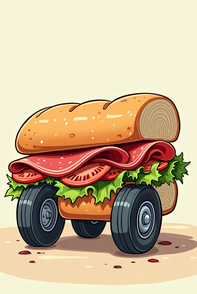A sandwich on 2 car wheels, in Cartoon, that represents a tasty and delicious sandwich, showing only the right side of the drawing and showing part of the tomato, lettuce and salami filling, using a baguette bread.