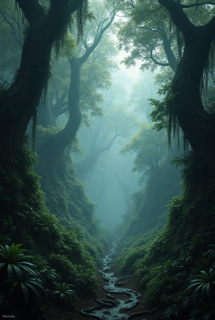 A dense, treacherous jungle teeming with danger. The landscape is filled with towering, twisted trees and thick, impenetrable foliage. Hidden threats lurk in the shadows, including venomous snakes, wild beasts, and treacherous terrain like steep cliffs and deep ravines. The atmosphere is dark and foreboding, with mist hanging low to the ground and the sounds of distant, unseen predators echoing through the trees. The jungle feels alive, almost as if it’s watching and waiting to test the resolve of anyone brave enough to enter.
