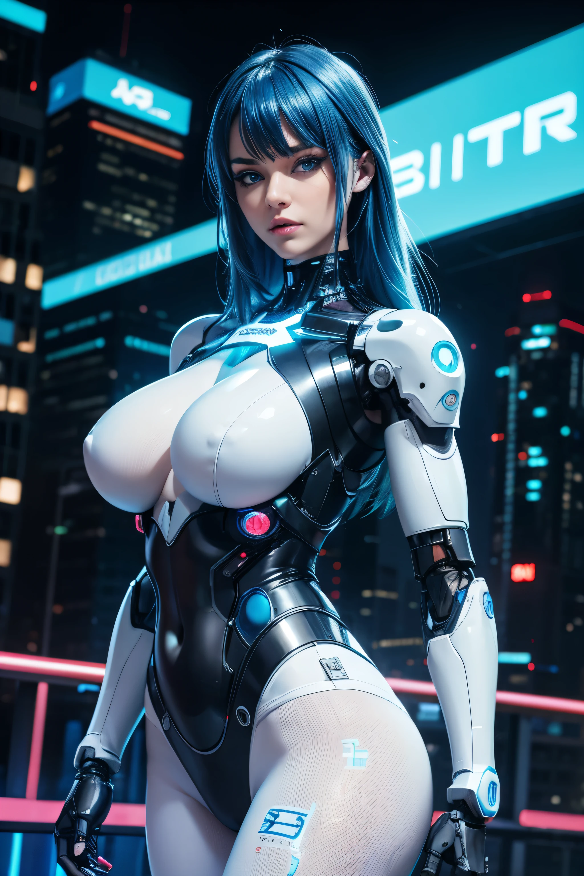 Woman, Cyborg, Large Breasts, Neon Blue Hair, Neon Blue Eyes, White Cyber Bodysuit, Futuristic City, ((Robotic Arms)), Facial Cybernetic Implants