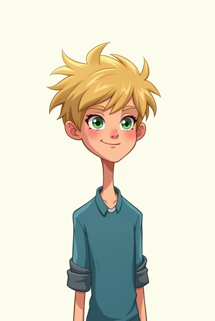 Create a cartoon character with blond hair and thin that is male with a white background in 2d with green eyes and that is emo with a blue shirt and without big eyelashes with less frizzy hair