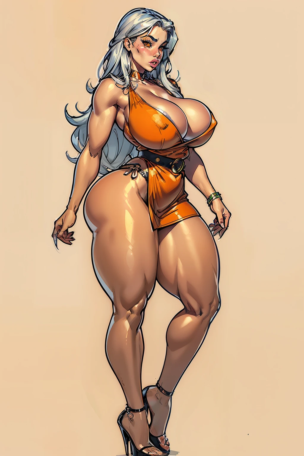 1 girl, breasts bigger than your head, breasts big, Breasts huge, Breasts huge, curved belt, curvy waist, thick-thighs, long hair, silver hair, juicy body, juicy ass, juicy breasts, full thighs, full breasts, Ruddy face, muscular thighs, orange eyes, stylish dress