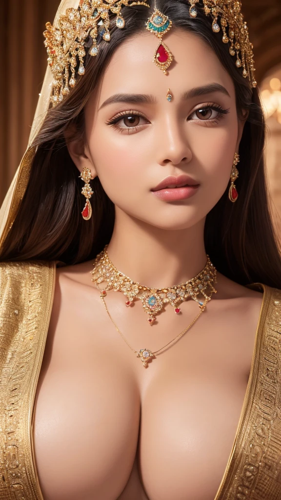 Bindi in the center of the forehead, Beautiful Royal Palace, jewelry, gem, necklace, Gold bracelet, anklet, Thick lips, Put your hand on your lips, Skin Dentition, lips ajar, (Detailed eyes), (Seductive pose), Urzan-6500-v1.1, (Large Breasts:1.2)