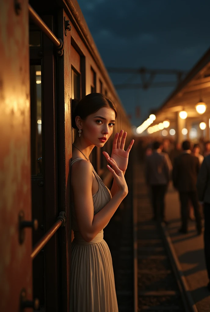 (photorealism:1.2), wanita cantik di pintu wagon melambaikan tangan sebagai salam perpisahan(sad facial expression looking towards the camera 360° angle view), at a train station, crowded with people, lights at night, wagon