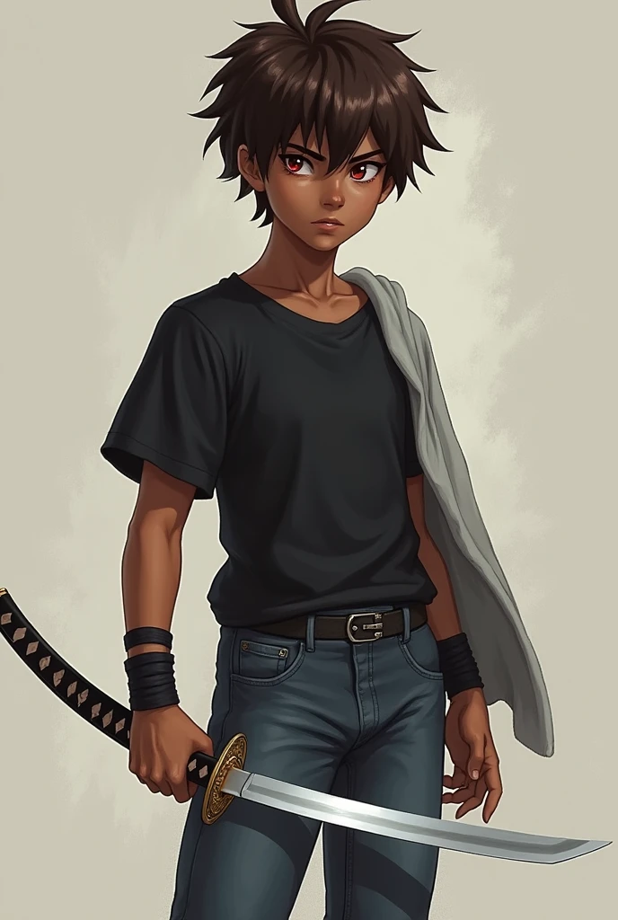 A skinny, muscular, dark-skinned boy with deep red eyes and brown hair wearing a black shirt with jeans and a sweatshirt in his hand with a white katana and some wristbands