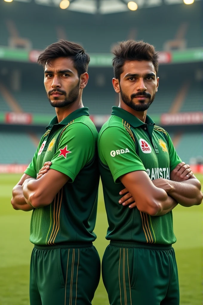 GENERATE AN IMAGE OF (BATSMAN) MUHAMMED RIZWAN AND (BOWLER) MUHAMMED AMIR STANDING TOGETHER IN 8K QUALITY. IT SHOULD BE REALISTIC