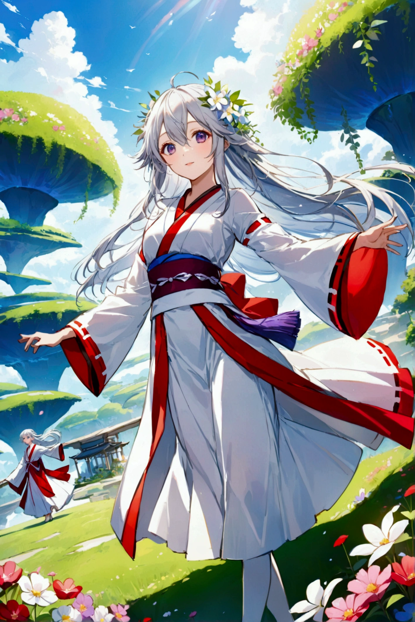 Magnificent View、Multiple floating islands、Hanging Garden、Outdoor、View from afar、Ground Viewpoint、anime、High definition、Miko costume、Dancing happily among the flowers、Silver Hair（Long Hair、The top of the head is indigo blue、Red bristles）、Opal Eyes