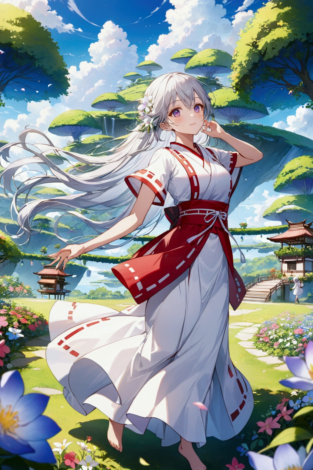 Magnificent View、Multiple floating islands、Hanging Garden、Outdoor、View from afar、Ground Viewpoint、anime、High definition、Miko costume、Dancing happily among the flowers、Silver Hair(Long Hair、The top of the head is indigo blue、Red bristles)、Opal Eyes