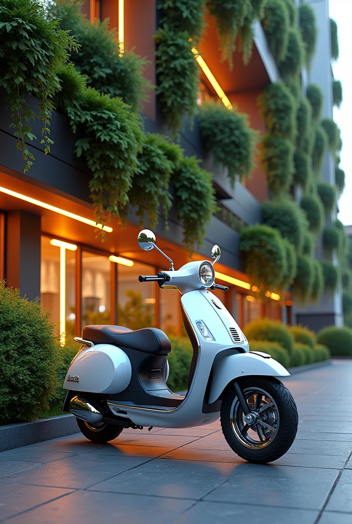 A futuristic urban environment with an electric Vespa parked in a green area and next to it a modern building with vertical vegetation. The scene is illuminated by LED lights that highlight style and efficiency.
