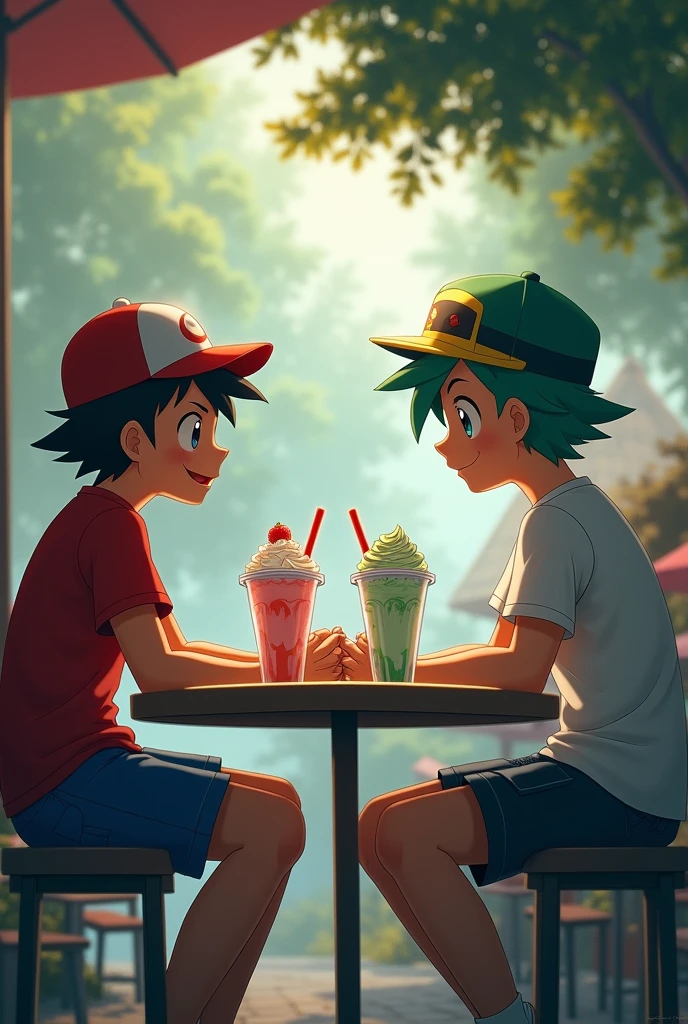 Haz a misty, Ash and Brock reunited sitting outside a cafe ; On the table there are three milkshakes, one of strawberry ,another vanilla and another mint with chocolate.