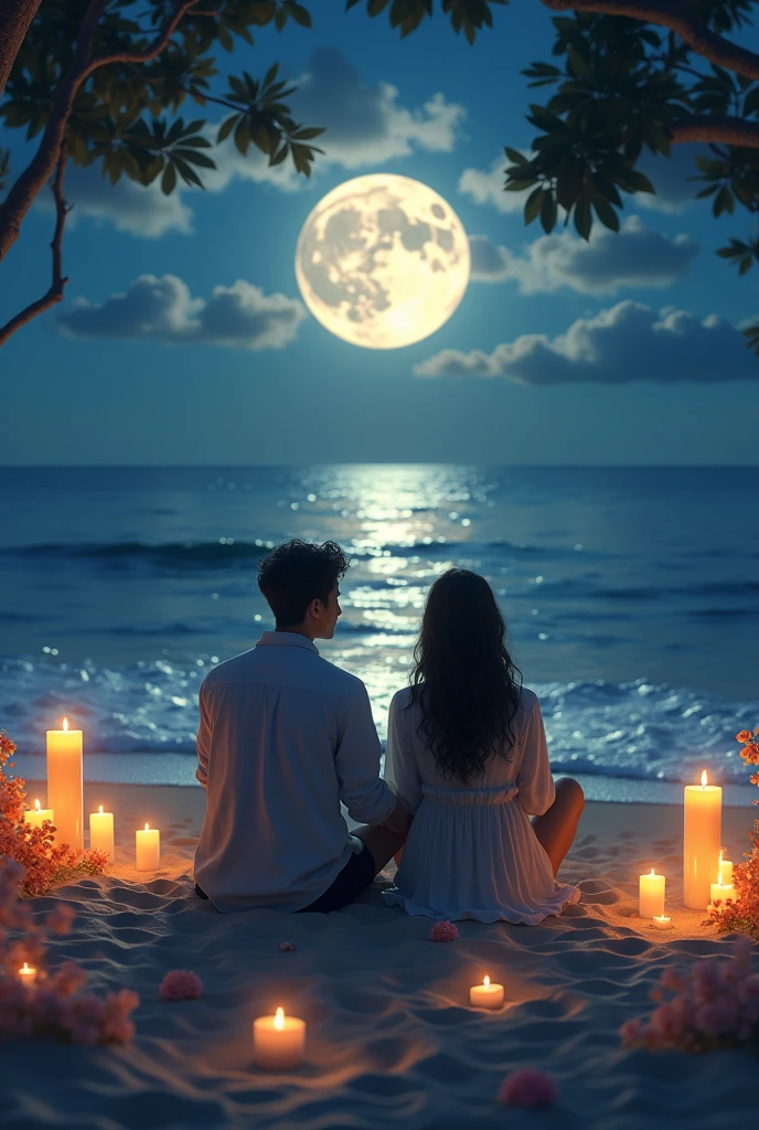 Moonlit night, sea, beach, the moon reflected on the water, beautiful in every detail, lots of candlelight, lovers sitting, flowers blooming