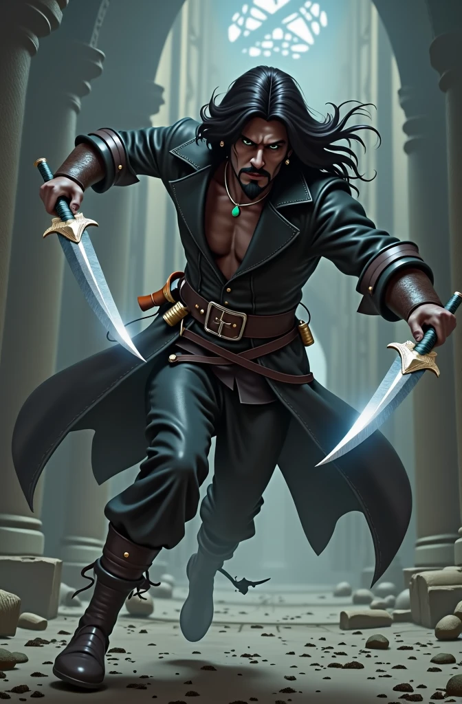 Crie uma imagem de um ladino baseado no mundo de d&d , human race jumping to attack with a dagger in each hand.
Appearance: cabelos longos e negros, Mustache and goatee, athletic body.