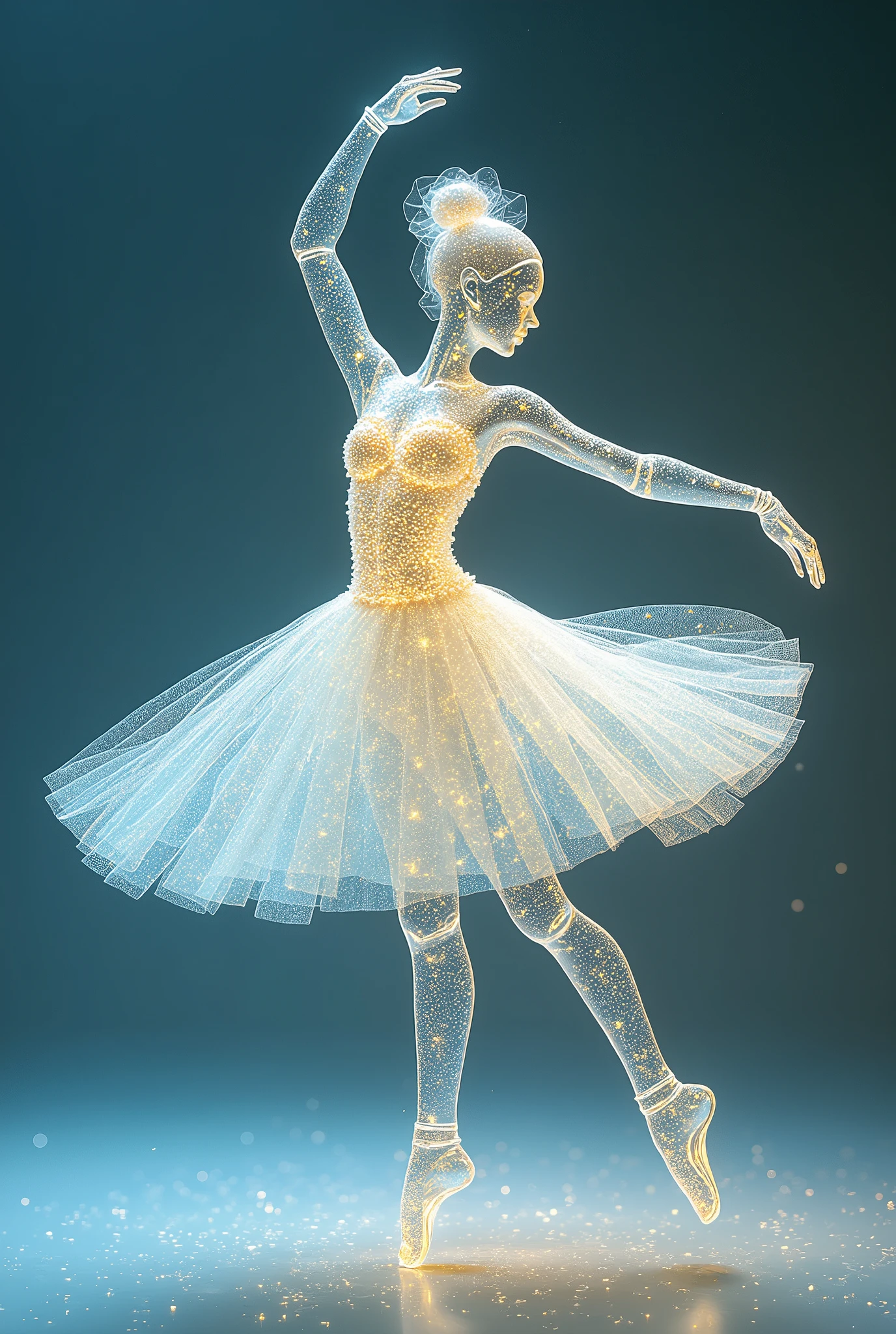 Crystal glass ballerine real girl entity spinning, all crystal glass, crystal glass skin, blue and yellow shades only artwork