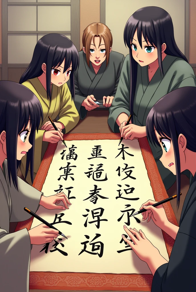 Many Japanese characters writing jiragana a sheet of paper in complex kanji