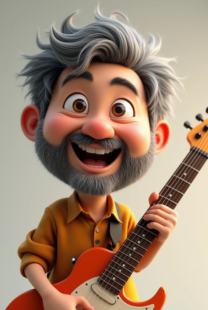 Happy beardless 50 year old Japanese male cartoon character with fur hair holding an electric guitar, Beardless man、Anime characters, Stylized characters, Animation-style rendering, 3D stylized, Arnold Maya Rendering, 3D rendering style, toon render keyshot, 3D Characters, 3D Characters, 3D rendering style, 3D Charactersレンダリング, Cartoon characters, Close-up Character, Character pose, (Pixar Style) (Master Parts:1.2) (Bokeh) (Highest quality) (Fine skin) (Fine texture) (8k) (clay) (Cinema Lighting) (Sharp focus)