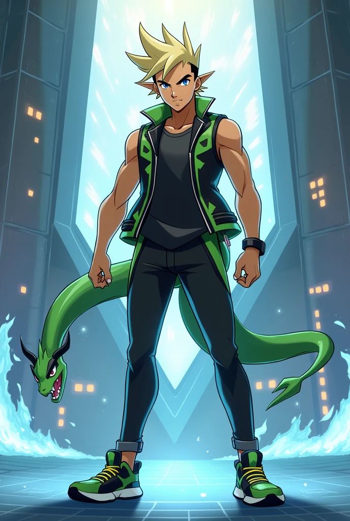 Raihan character (kibana) from pokemon sword and shield. Dragon type gym leader,