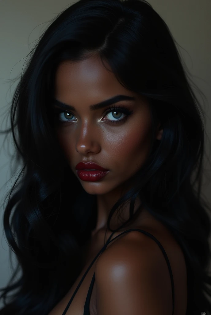 For a profile picture that fits the description of the femme fatale you imagine, here's how I would visualize it:

- **Hair**: Smooth, long, deep black, falling in an elegant cascade.
- Eyes**: Light gray, piercing, with a mysterious, captivating gaze.
- Skin**: Deep black, smooth and radiant.
- Lips**: Luscious, rich wine-red, well-defined and seductive.
- Overall style**: Sophisticated and chic, with a look that exudes both confidence and mystery.

This combination creates a look both elegant and bewitching, typical of a femme fatale.