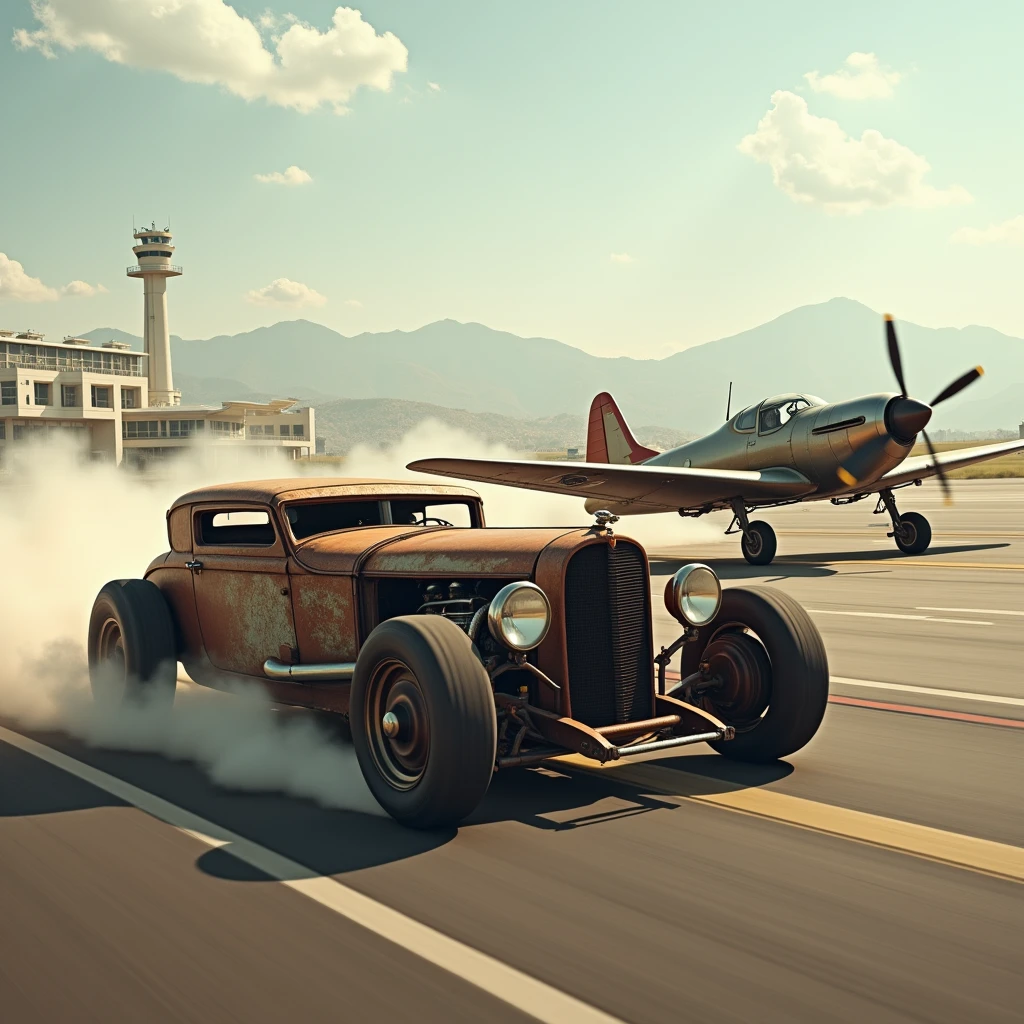 old car and plane speeding at an airport