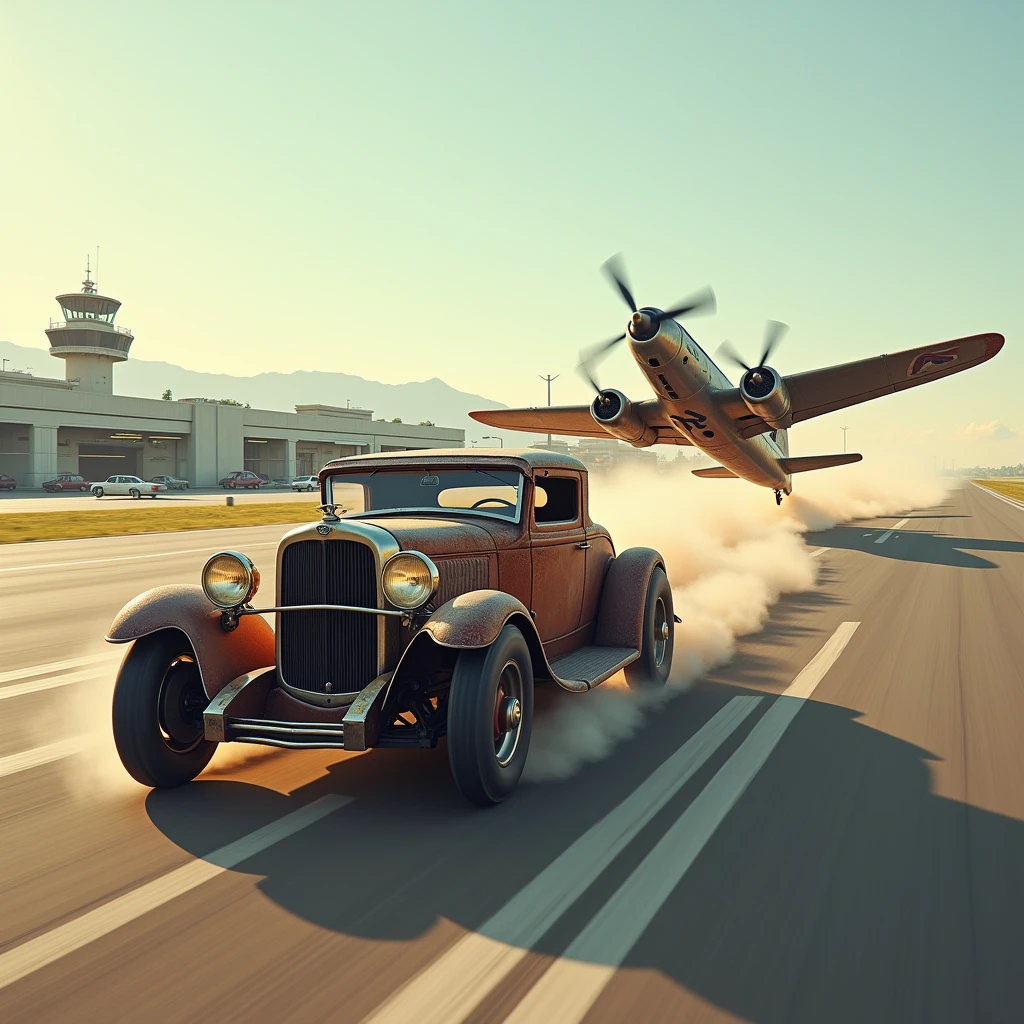 old car and plane speeding at an airport