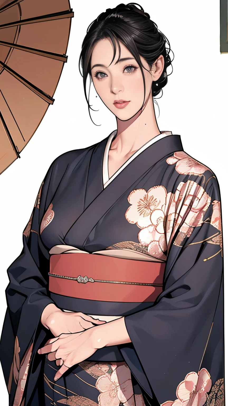 1，Japanese hairstyle，Photorealism，detailed，masterpiece，mature，((full))， (Broad shoulders), ((Huge))，Plus size mature women，expensive，30 years old，Pretty face, (Plump woman)，Beautiful long-sleeved kimono，kimono，Hold your chest with both hands:1，high quality，Are standing，High Resolution 4K Information,Kyoto,
