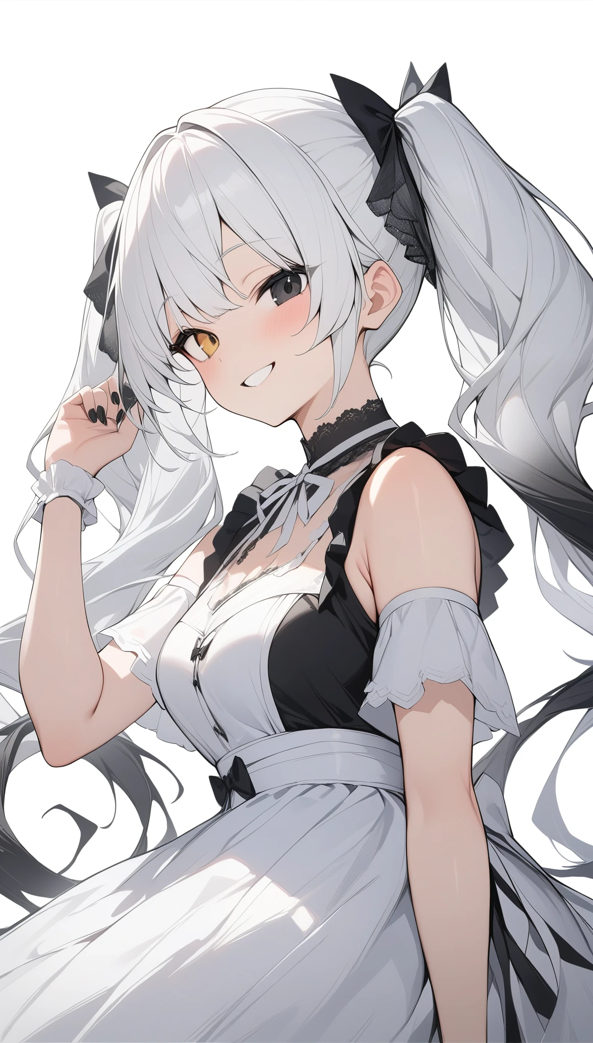 {{masterpiece}}, The best quality of life, 超High resolution, Attention to detail, high quality, High resolution, 最high quality, 4K, 8k,Attention to detail,((White Hair、Dye your hair black、Twin tails)Multi-colored hair、Gradient Hair)) 、One person, 1 adult female,((完璧な悪魔のWhite and black eyes)) , ((White and black eyes)) ,((Heterochromia iridis))、((Flowers in the eyes))((White background))、(((Black and white dress、Black frills、White ribbon))、smile、fine