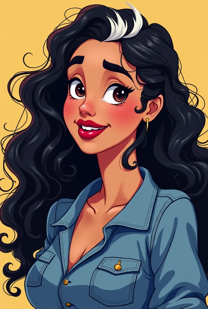 brunette woman, black person hair curly kinky layered long defined white streak, chubby, denim clothing, Brown eyes, reddened mouth, dark eyes, big and wide face, Disney pixel animation style wide nose