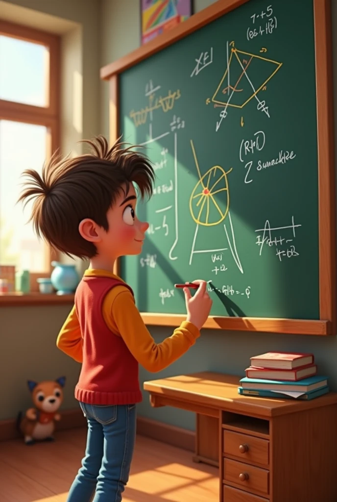 a pixar-style teenager solving a circumference exercise on a blackboard
