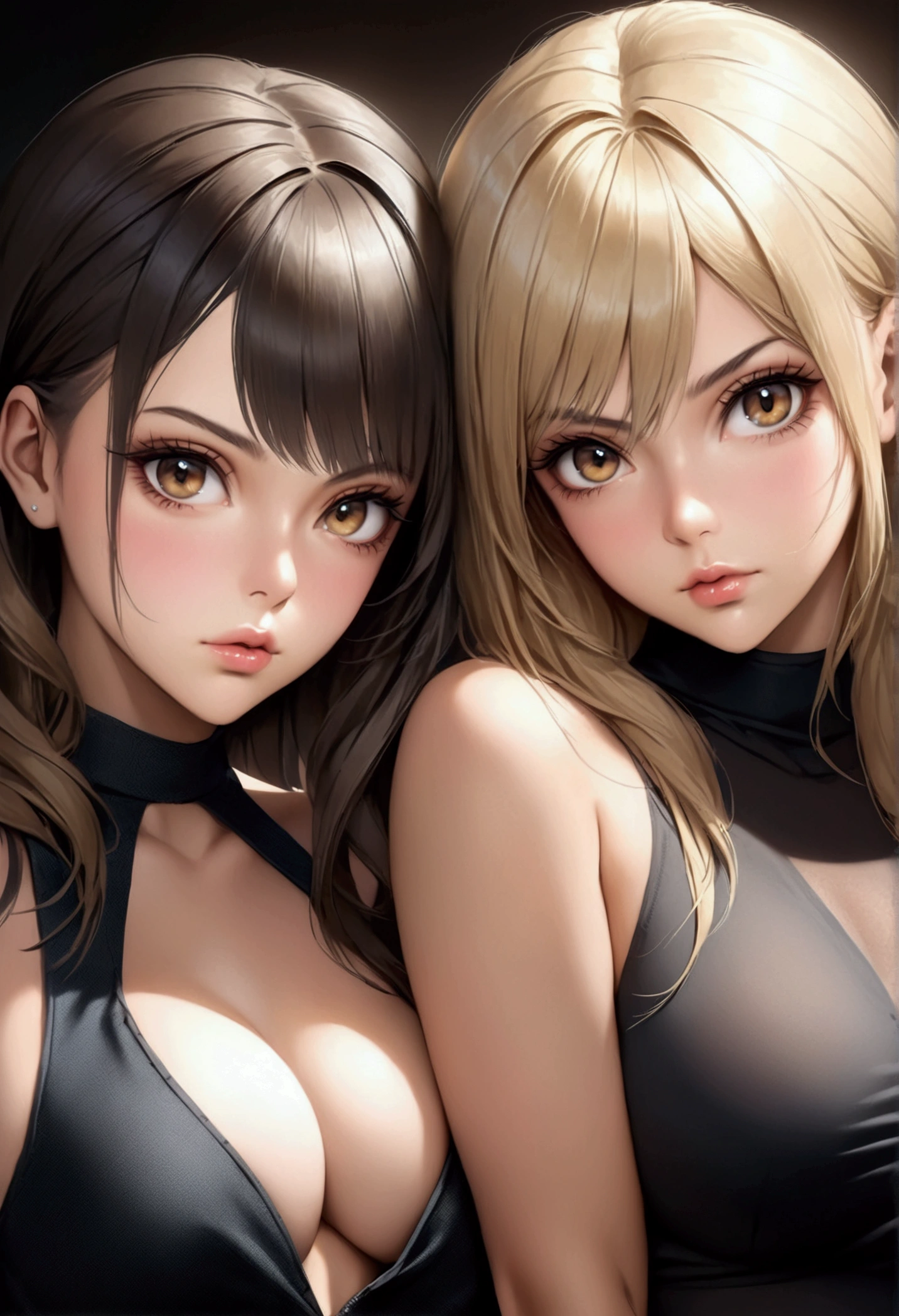 mia malkova (blonde) , adriana chechik (brunette), 2 beautiful Curvy women, detailed portrait, sensual expressions, flawless skin, intense gaze, long hair, curvy figures, (best quality,4k,8k,highres,masterpiece:1.2),ultra-detailed,(realistic,photorealistic,photo-realistic:1.37),studio lighting, chiaroscuro lighting, dramatic shadows, rich colors, cinematic composition, editorial fashion, glamour, elegant, sophisticated