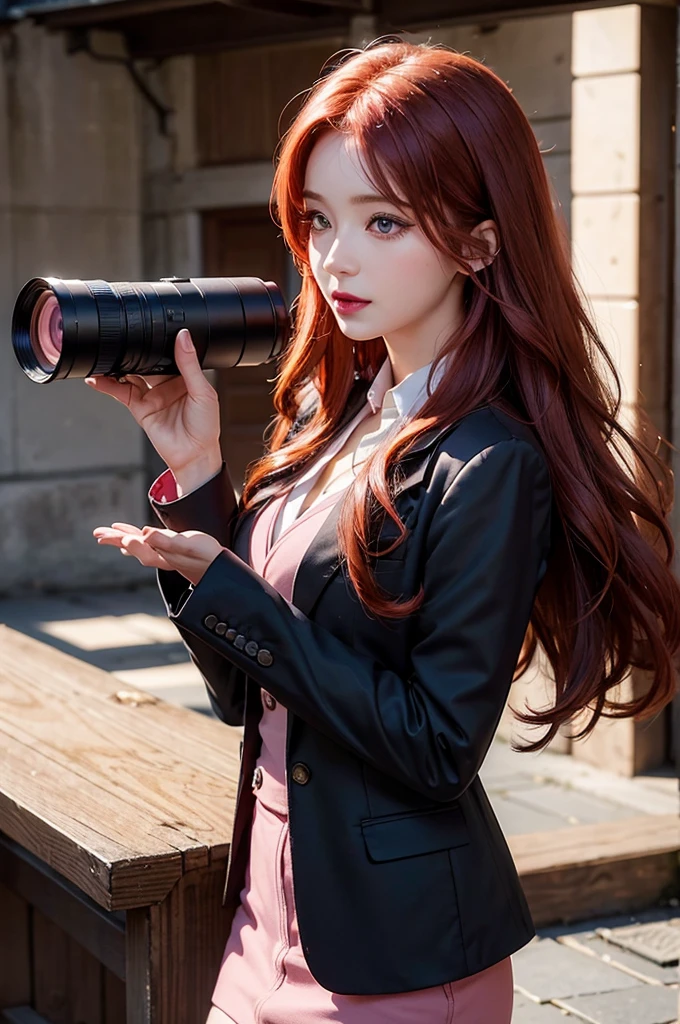 create an illustration featuring a woman in her 20s, redhead with long, wavy hair, holding a canon mark II 6d camera. With light makeup, long eyelashes and pink lipstick. wearing a black blazer