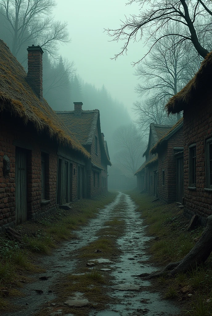 A grim image of a street in an old Ukrainian village of the seventeenth century in the Gothic style with one-story mud-brick houses with thatched roofs, A lot of nature, houses on one side of the street, on the edge of the ravine, road without bricks, a common trampled trail on the grass