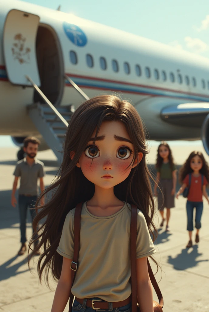 A girl with long brown hair, freckles, white skin, and brown eyes with a sad expression getting on a plane with her dad, mom, her older brother who was very tall, and her older sister.