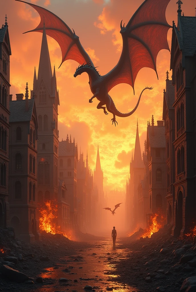 a medieval city in ruins, with fire and dragons