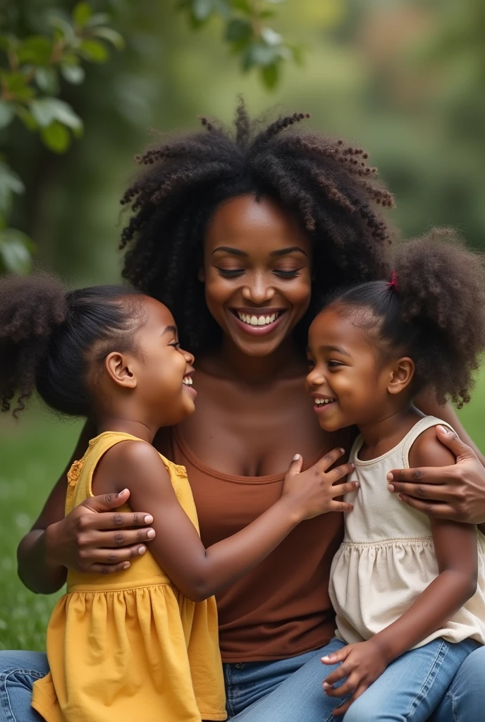 Realistic photo of black mother playing with her two happy and cheerful daughters 