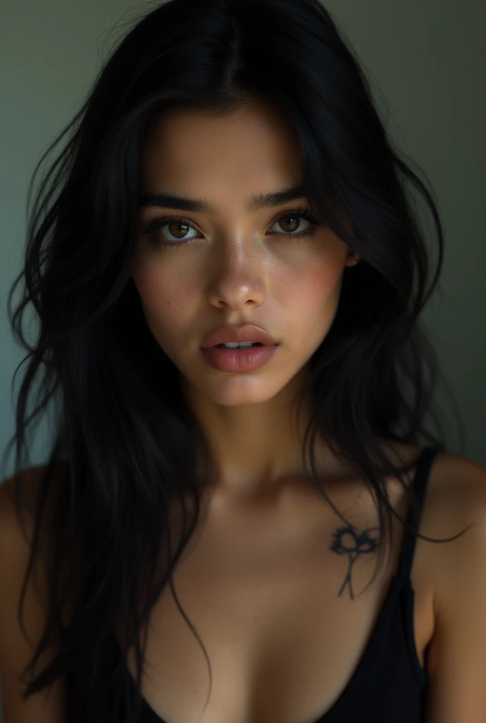 colombian girl, long black hair, Brown eyes, with a tattoo on the right cheekbone of a heart, parts, thin brown lips, dressed in a black tank top