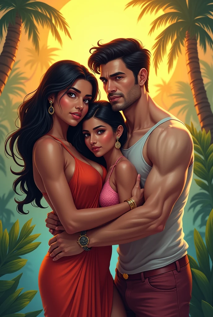 Three friends, one hot indian woman, one white muscular guy, and one slim indian guy, white guy holding the woman