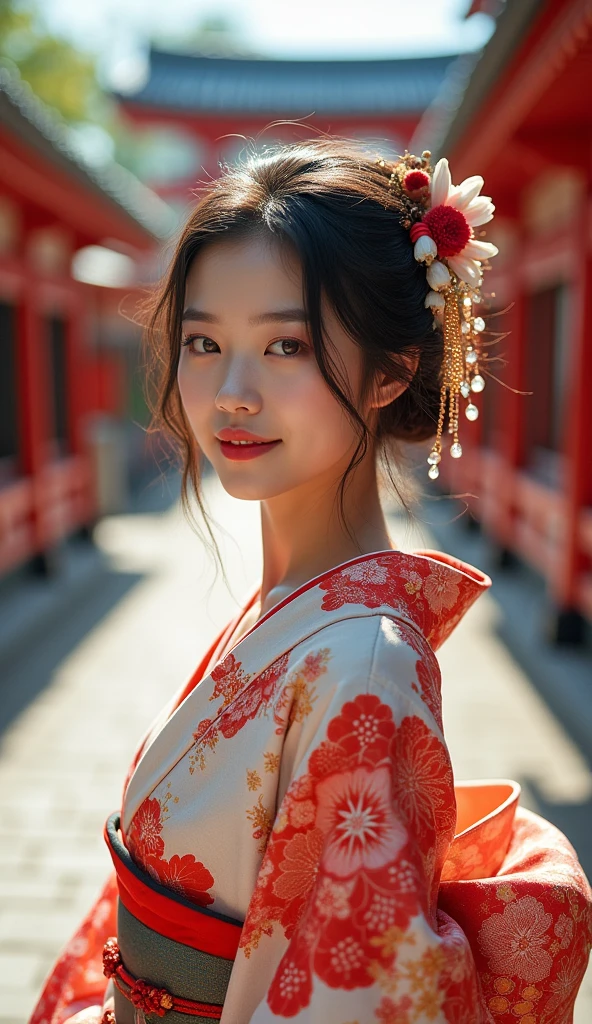 A beautiful young woman wearing brightly colored Japanese clothing、A charming expression、The upper white teeth are visible、(Japanese clothing with red floral pattern on a white background、Bright and vividly colored kimono)、((SeaArt creates beautiful women in kimono))、Full Body Shot、background、Shrines and temples、The atmosphere is like that of a Japanese Ukiyo-e painting.、