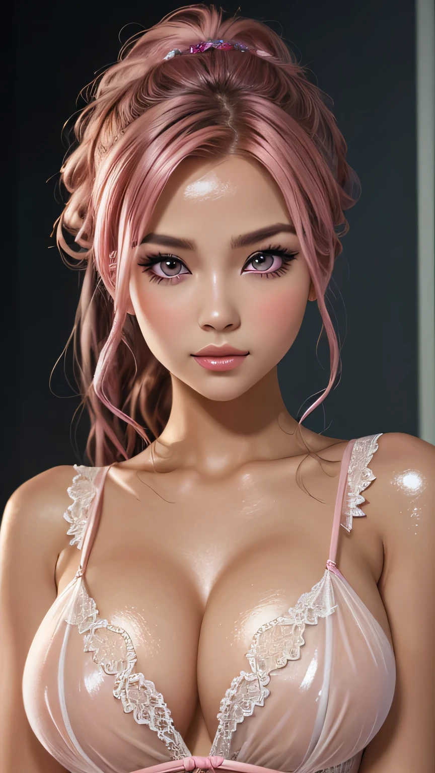 One girl, (Highest quality:1.4), (Very detailed), (Detailed light), (Very detailed美しい顔), Great face and eyes, Pink Hair, Pink Eyes, Beautiful sheer lace detailing, Beautiful breasts,, Very detailed CG synthesis 8k wallpaper, High resolution raw color photos, Professional photography, Dynamic Lighting, (((Shiny skin 1.5))), Depth of written boundary,