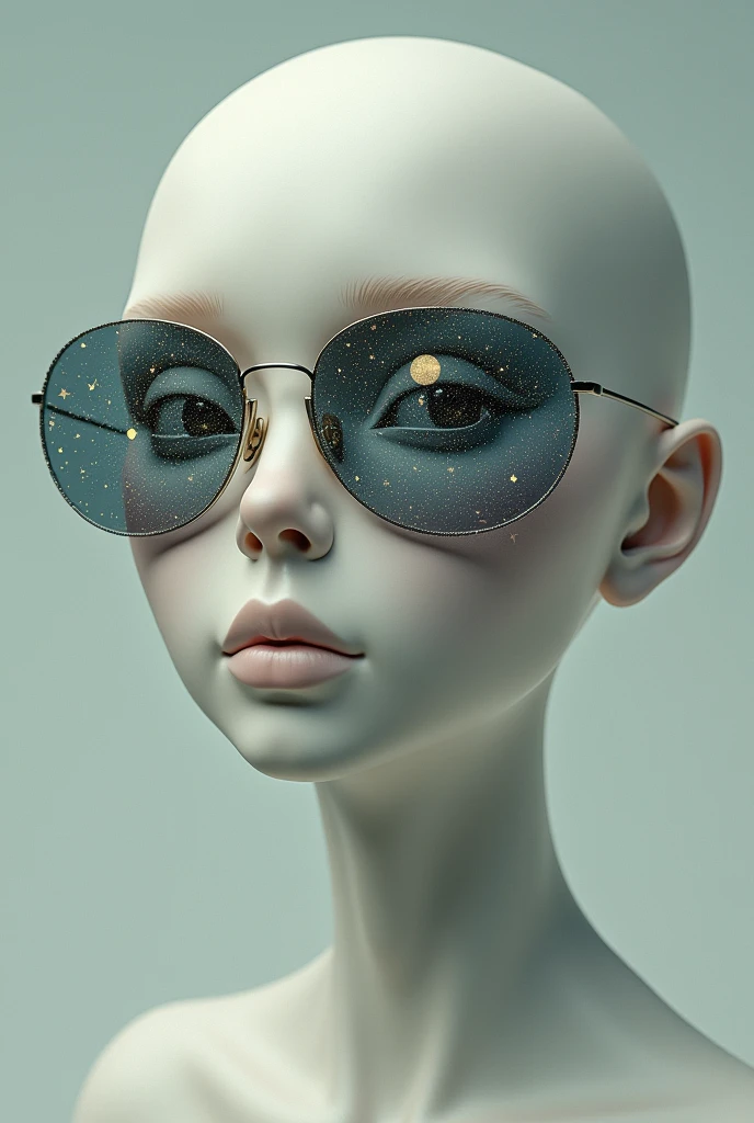 The model is wearing glass sunglasses with stars and the moon on the glass complete body feet,face, hand