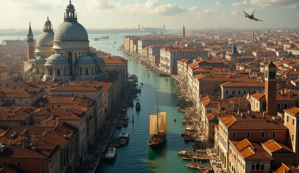 Venice in the 14th century, Europe in the Middle Ages, from above view. With a lot of people, traders and people