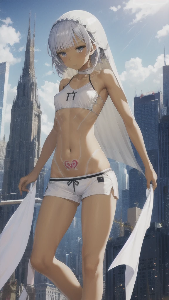 white short hair, dark skin, Flat-chested girl,slim figure,white veil,sports,Bare waist,Tattoo,sports短褲,Bare arms,Bare legs,sports鞋,Sunlight,City