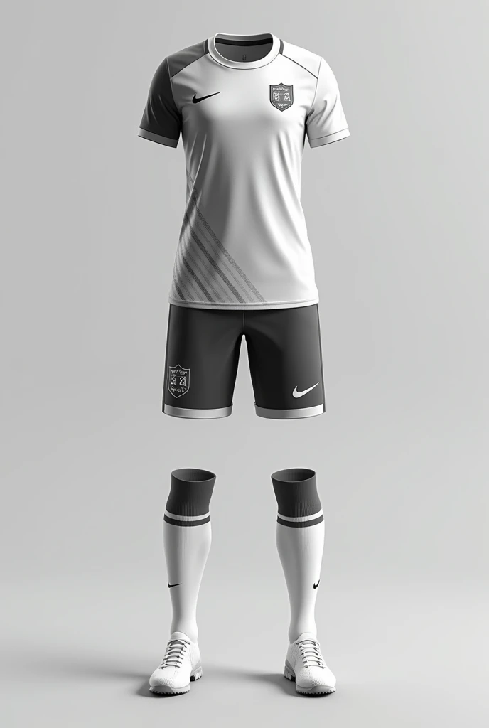 Women's soccer team uniform T-shirt: White base color with a gradient from light gray to dark gray towards the end of the shirt. Thin diagonal lines in silver.
Shorts: Dark grey with white bottom edge.
socks: White with a grey band in the middle.
Accessories: Team logo on chest in silver.