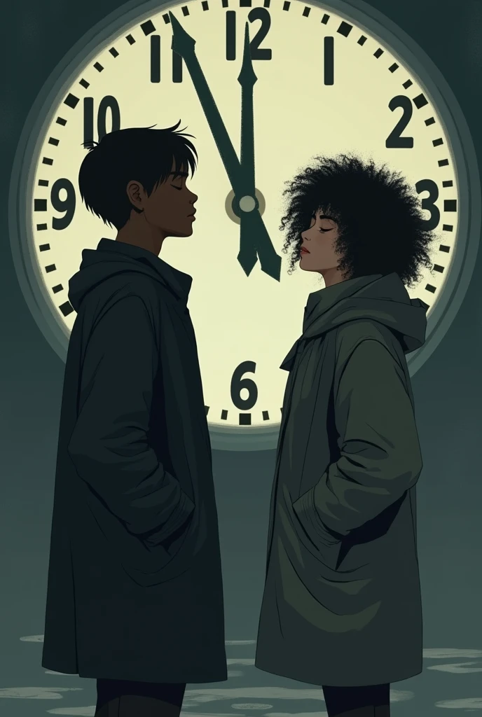 Dark-skinned boy with low, straight hair 
  and on the other a girl with short curly hair, both with their eyes closed as if they were praying, and in the middle a clock as if at the end of time with their hands in their coat and the two are teenagers and the big clock behind them and in the between the two large clocks, just looking at each other, on one side of the clock and the other on the other