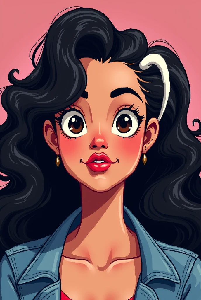 brunette woman, black person hair curly kinky layered long defined white streak, chubby, denim clothing, Brown eyes, reddened mouth, dark eyes, big and wide face, Disney pixel animation style wide nose