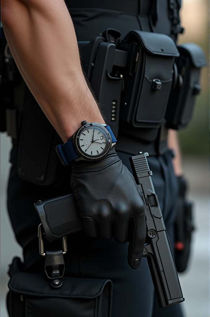 From the forearm down with a Gucci watch on the wrist and Glocks with extended