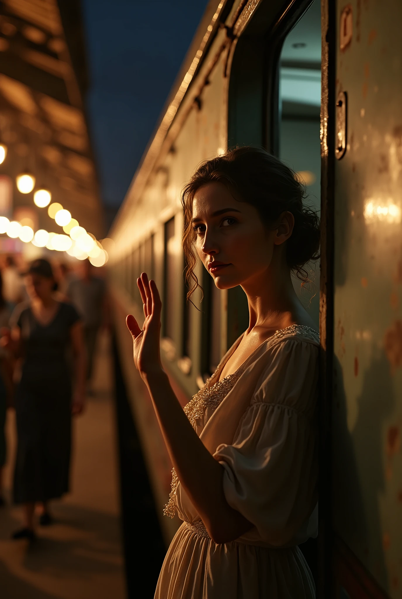 (photorealism:1.2), wanita cantik di pintu wagon melambaikan tangan sebagai salam perpisahan(sad facial expression looking towards the camera 360° angle view), at a train station, crowded with people, lights at night, wagon