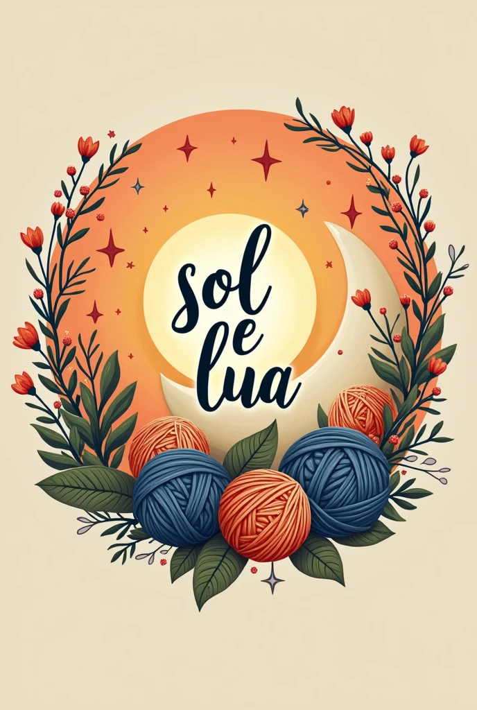 Logo brand for a crochet shop, use elements of nature and crochet and terracotta tones, olive green and royal blue in the middle of the image should be written in beautiful letters " Sun and Moon" in Portuguese and with stars and flowers around use balls of thread and crochet needles in the image, make a round image 